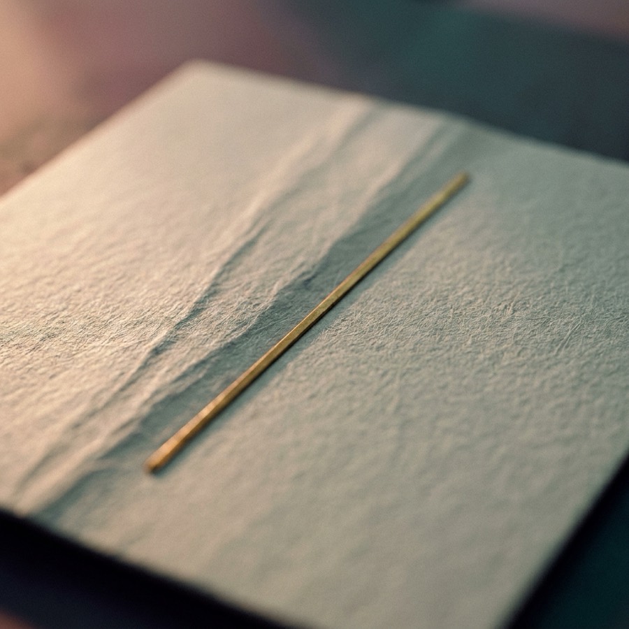 A close-up of soft matte paper in pale sage, raked by low warm light, with a
                  single thin brass line laid across it.
